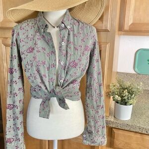 Odille Anthropologie Green and Pink Gingham Embroidered Button-Down Shirt
